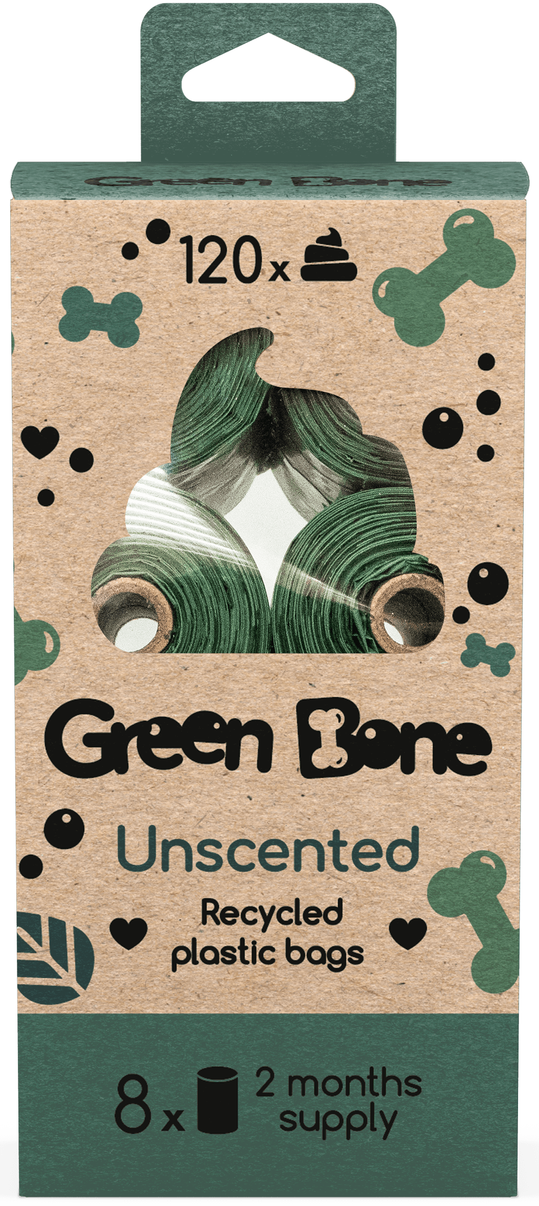 Green Bone tuoksuttomat koirankakkapussit, 8 rullaa, 120 kpl