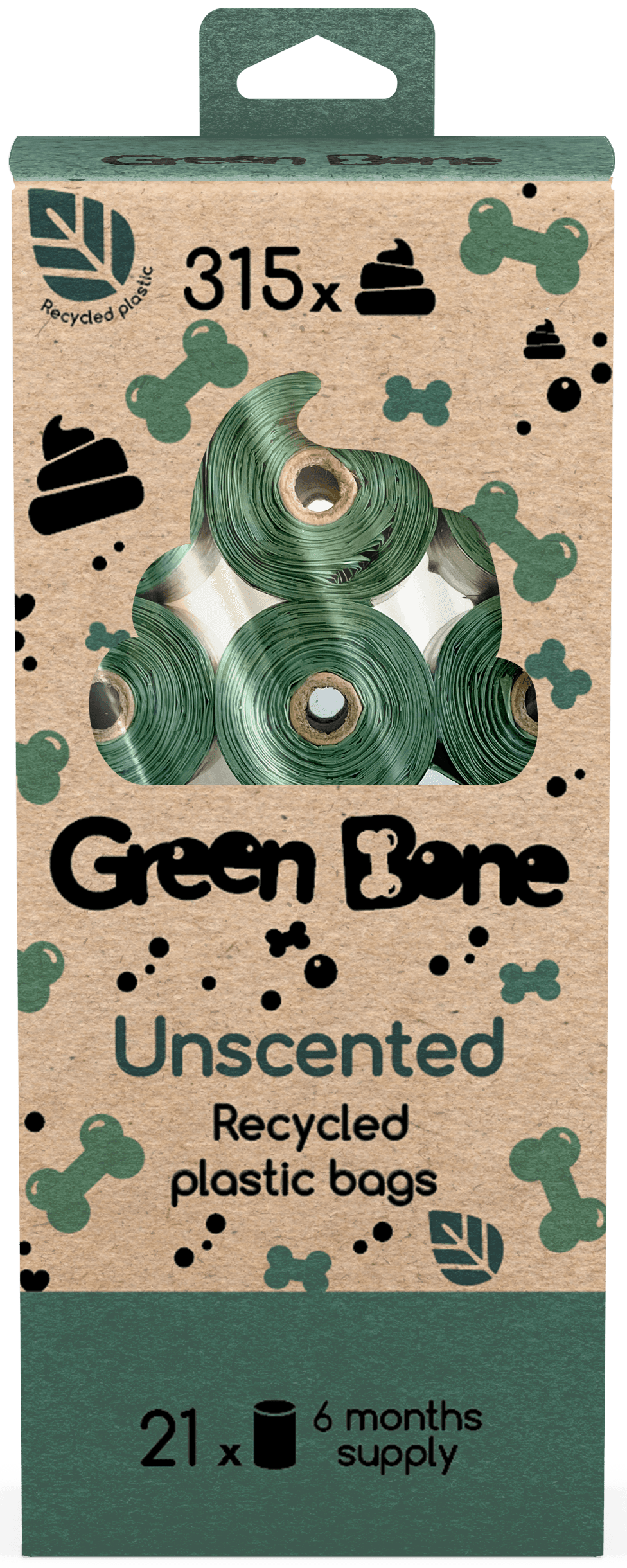 Green Bone Unscented tuoksuttomat koirankakkapussit, 21 rullaa, 315 kpl