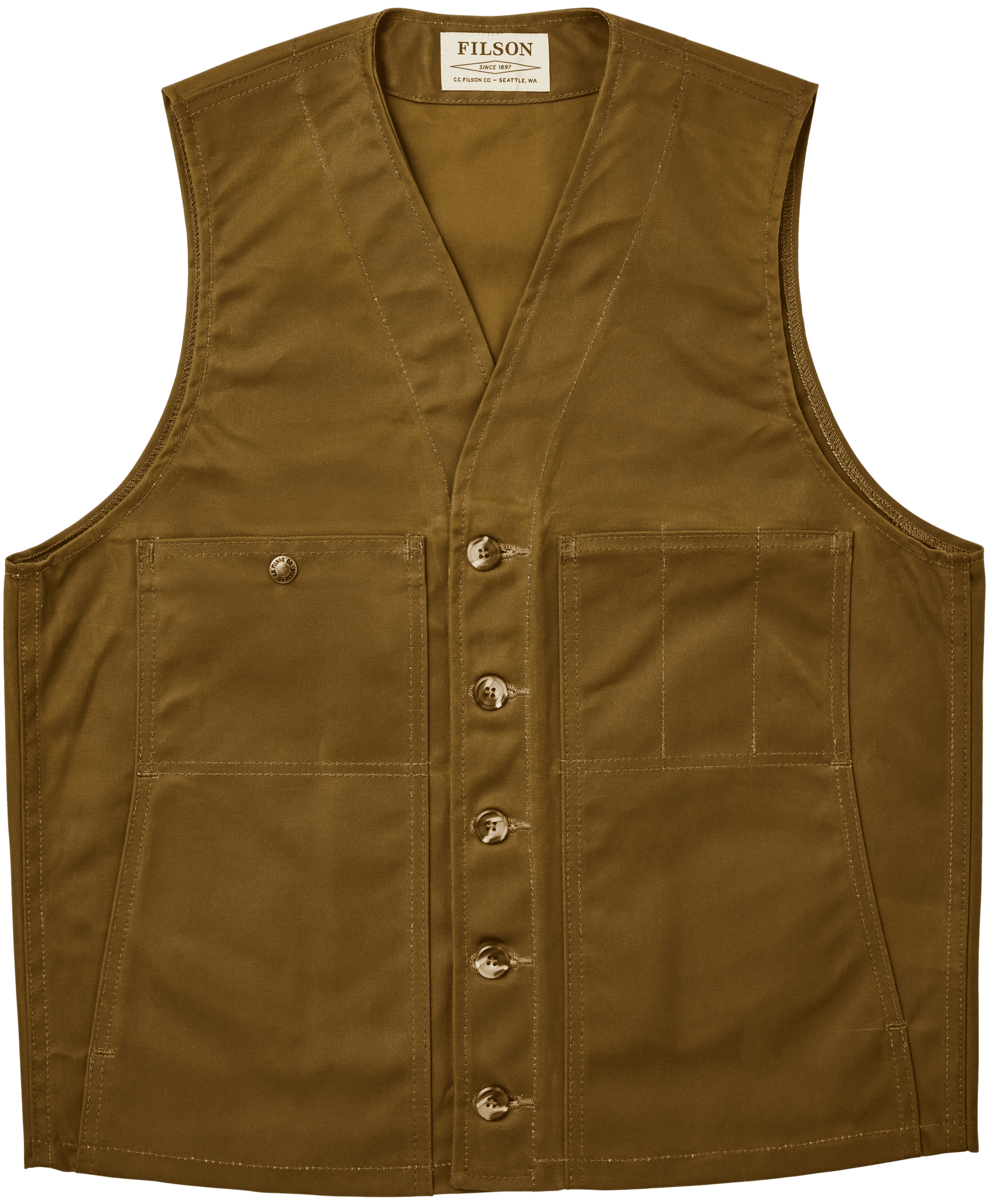 Filson Oil Tin Cloth Vest vahattu liivi, Tumma kellanruskea (Dark Tan)