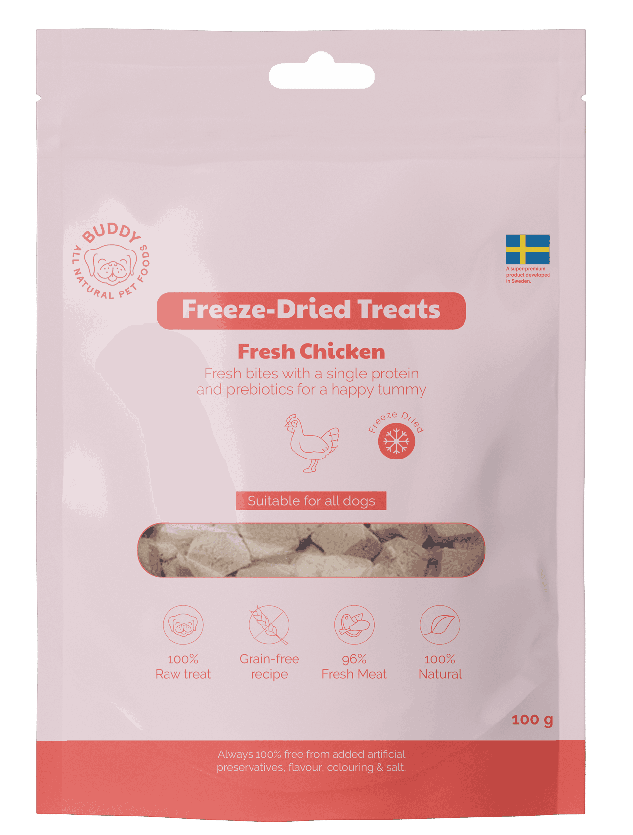 Buddy Freeze Dried Treats Singles Raw Chicken makupalat, 100g