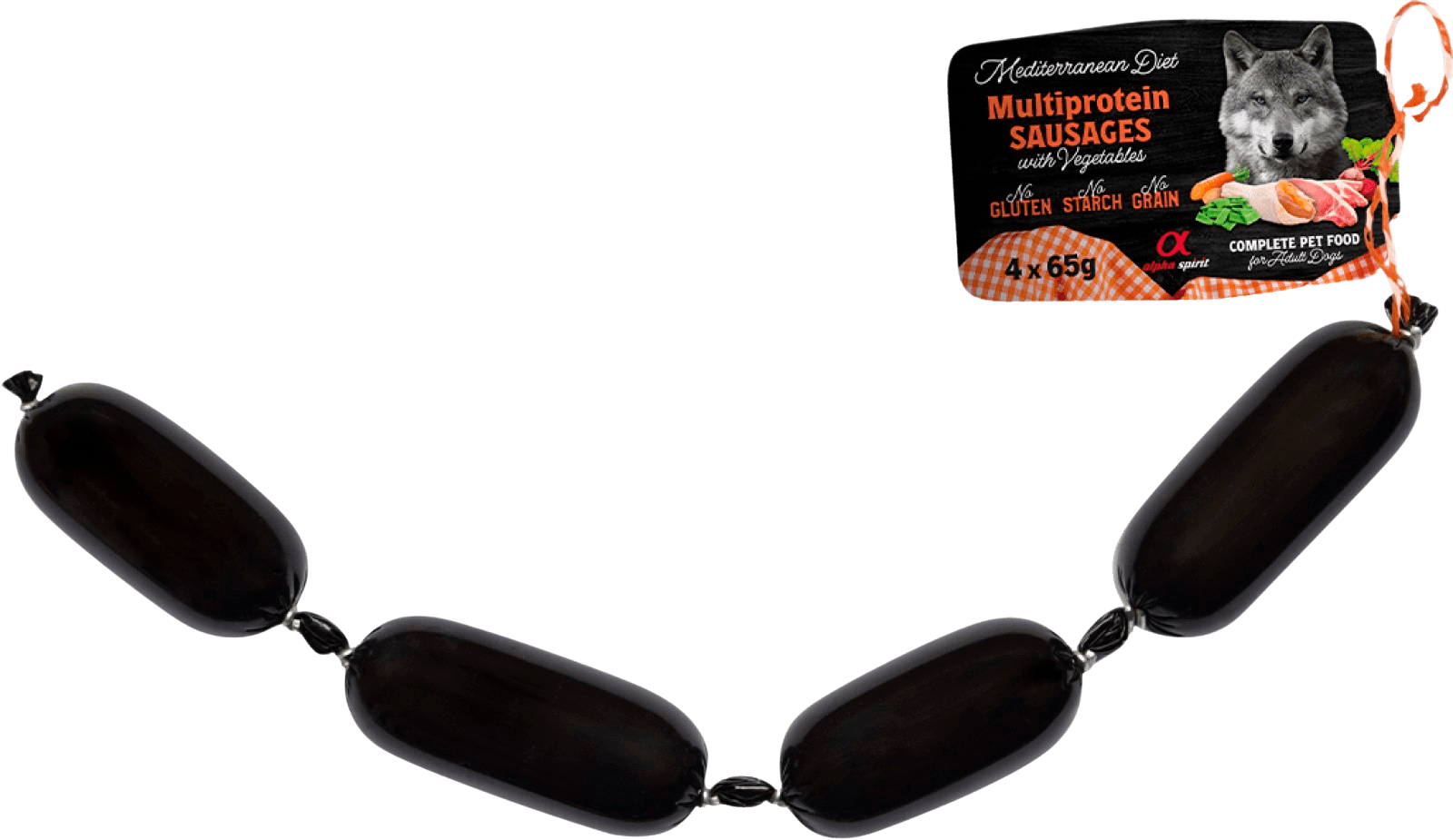 Alpha Spirit Mediterranean Multiprotein Sausage with Vegs makkarat aikuisille koirille, 4 x 65 g