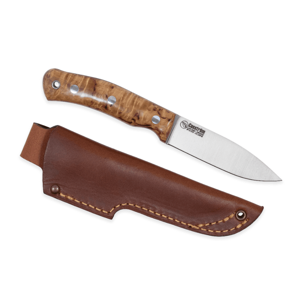 Casström No.10 Swedish Forest Knife puukko, Sandvik 14C28N, stabiloitu visakoivu, tasohionta