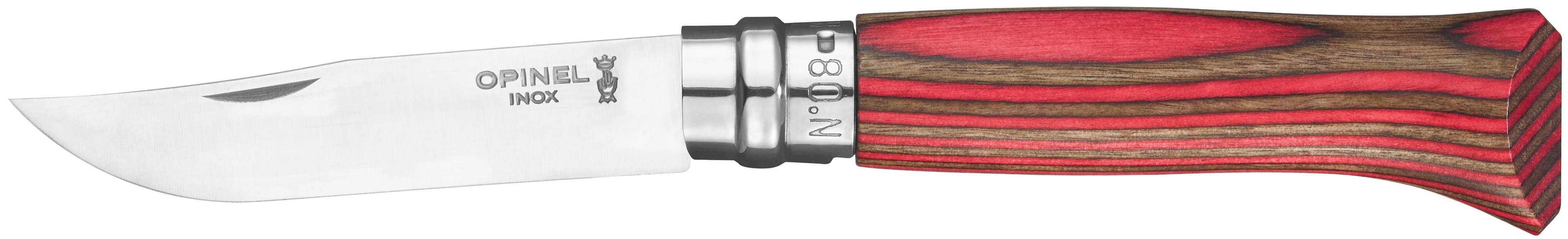 Opinel No 08 Stainless Steel taittoveitsi, Laminated Birch Red