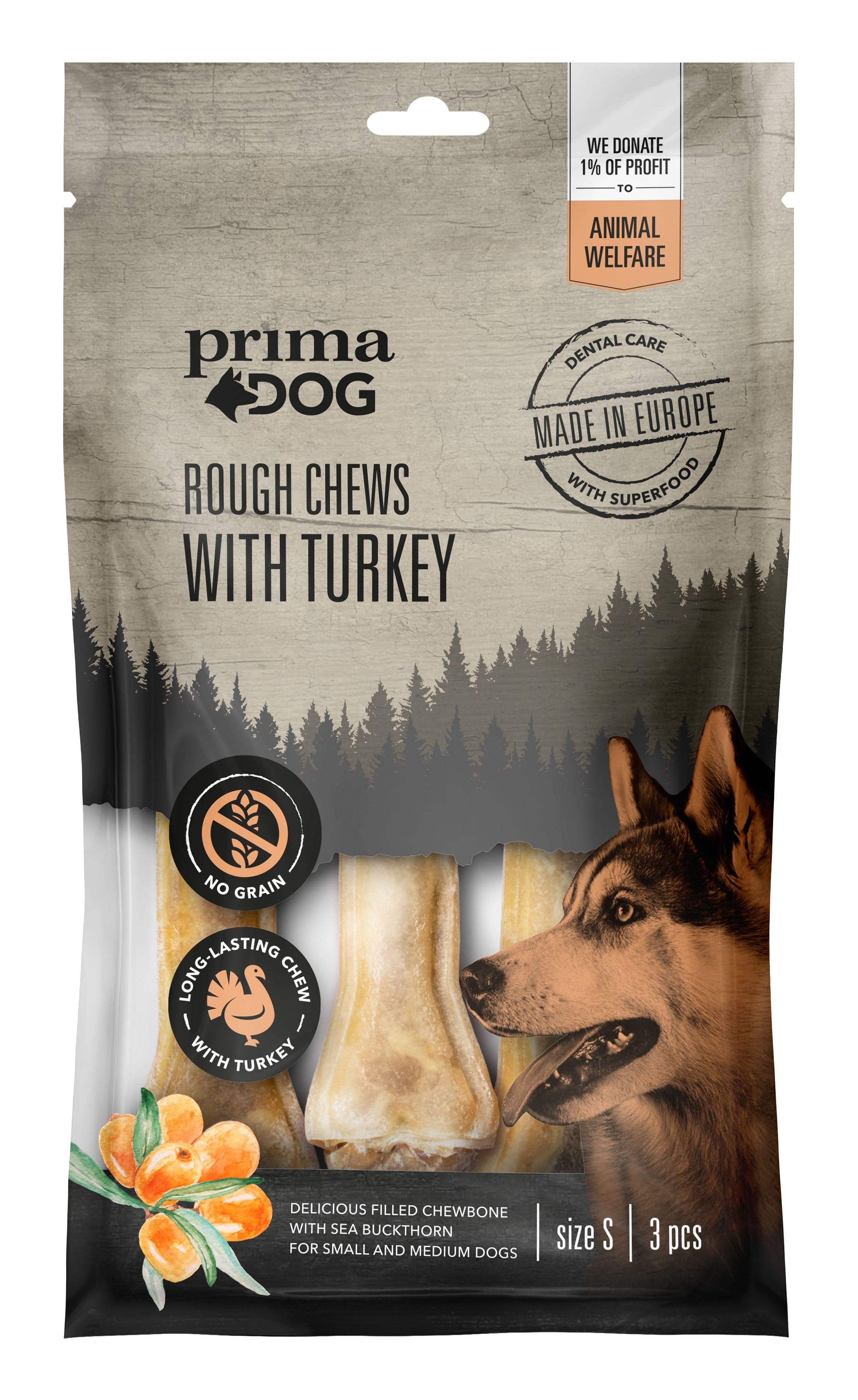 PrimaDog Prima Dog Rough Chews Turkey/Sea Buckthorn puruluu kalkkuna/tyrni, 10 cm, 3 kpl